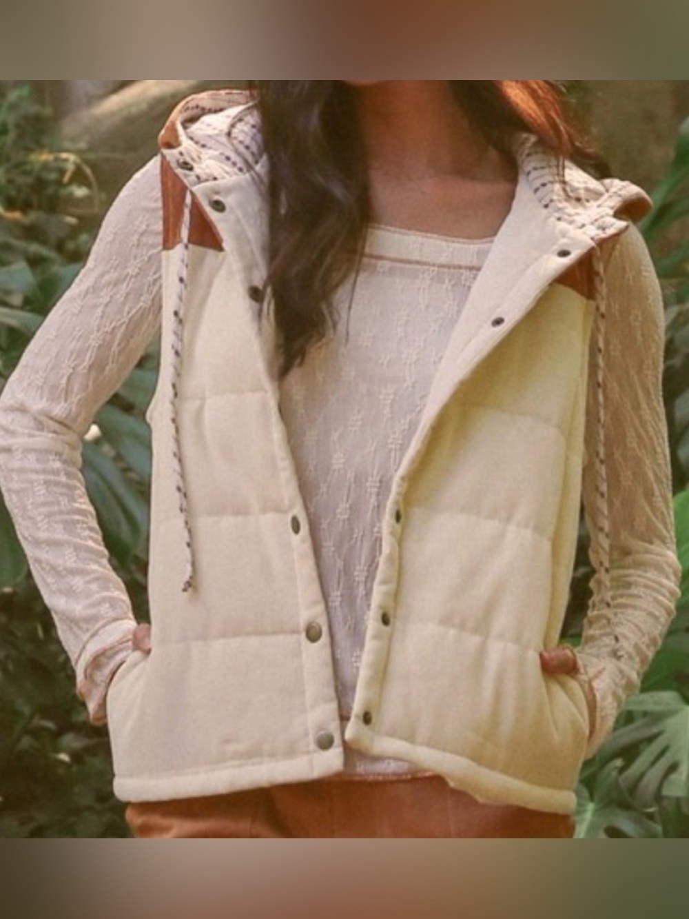 Hem & Thread Cream Quilted Hooded Vest with Brown Trim